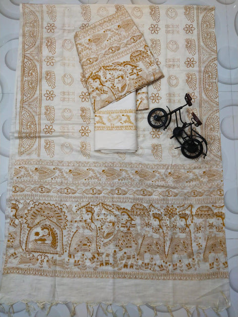 Block Discharge Printed Semi Tussar Silk Suit - Olive - Trend In Need