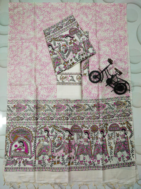 Block Discharge Printed Semi Tussar Silk Suit - Pink - Trend In Need