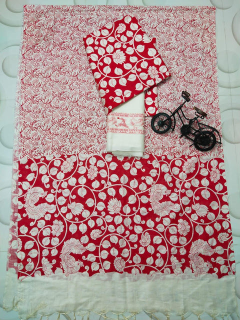 Block Discharge Printed Semi Tussar Silk Suit - Red - Trend In Need