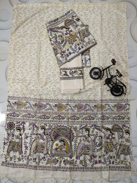 Block Discharge Printed Semi Tussar Silk Suit - Yellow - Trend In Need