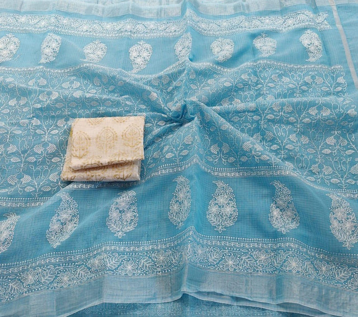 Blue Color Machine Embroidered Kota Doria Saree