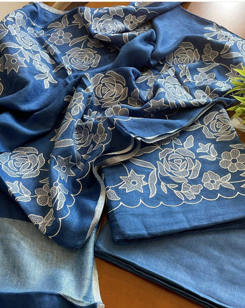 Blue - Cotton Slub Salwar Suit With Resham Embroidery - Trend In Need
