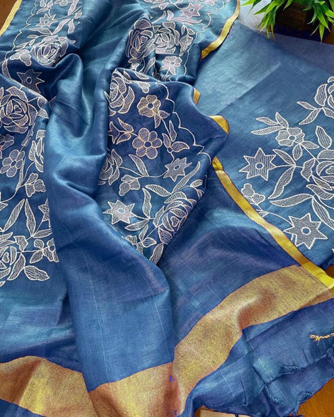 Blue - Cotton Slub Salwar Suit With Resham Embroidery - Trend In Need