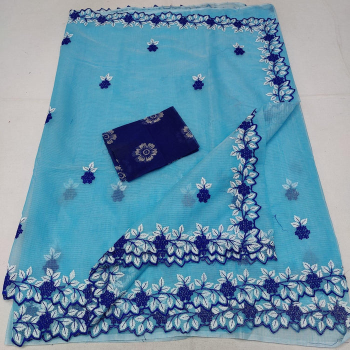 Embroidered Kota Cotton Saree - Blue Colour