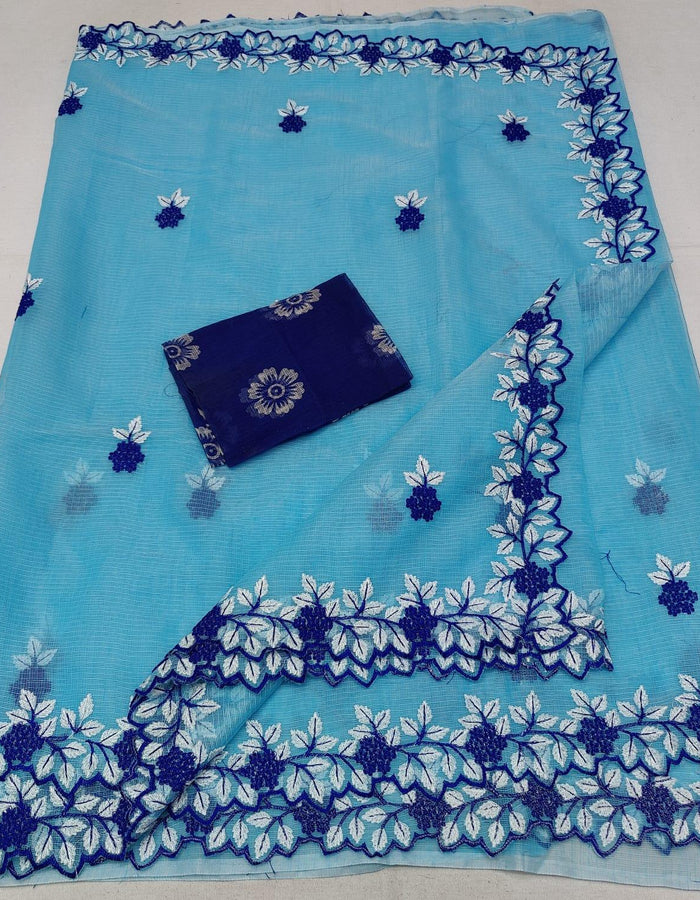 Blue - Embroidered Kota Saree - Trend In Need
