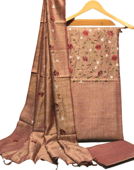 Brown Color Matka Cotton Embroidered Dress Material - Trend In Need