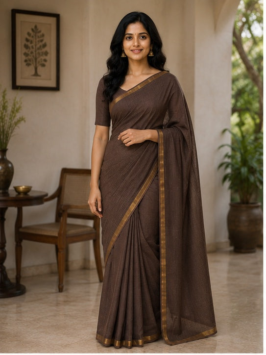 Pure Cotton Kota Doria Plain Saree - Brown Colour