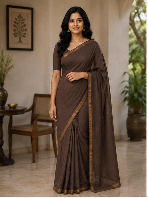 Pure Cotton Kota Doria Plain Saree - Brown Colour