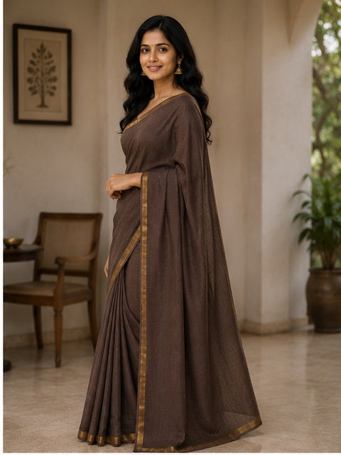 Pure Cotton Kota Doria Plain Saree - Brown Colour