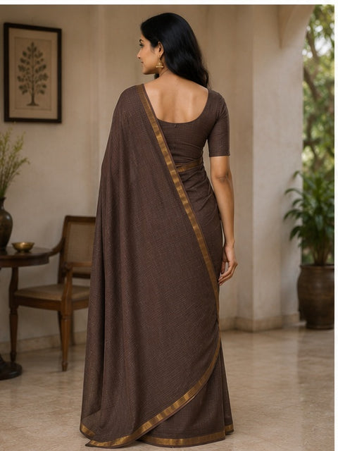 Pure Cotton Kota Doria Plain Saree - Brown Colour