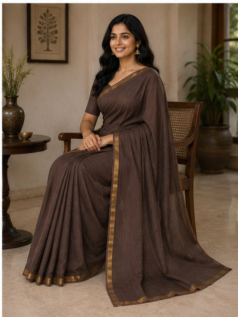 Pure Cotton Kota Doria Plain Saree - Brown Colour