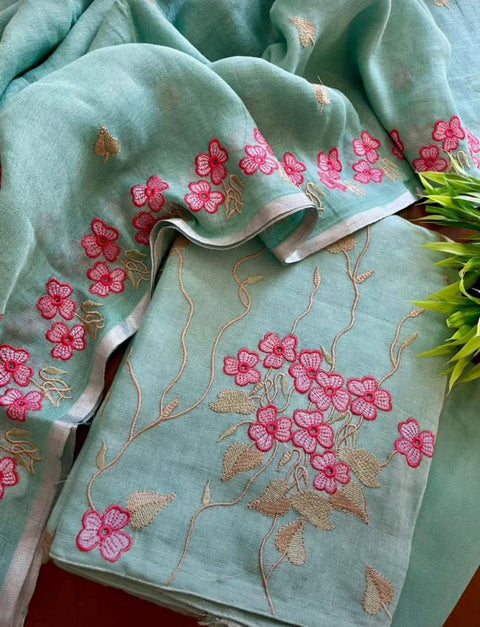 Cotton Linen Embroidered Dress Material - Green Color - Trend In Need