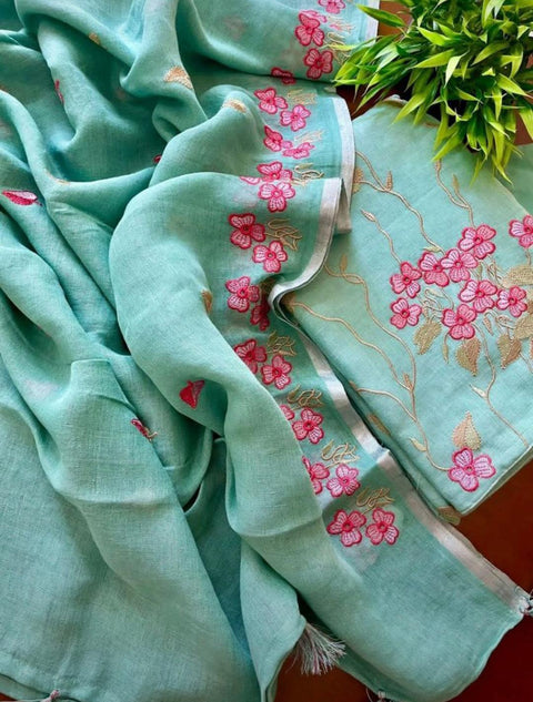 Cotton Linen Embroidered Dress Material - Green Color - Trend In Need