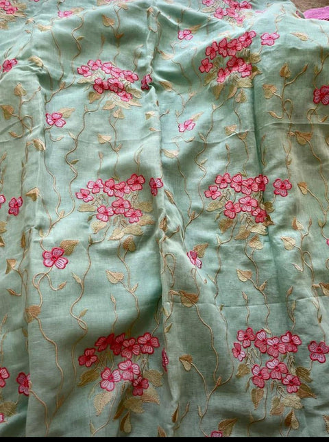 Cotton Linen Embroidered Dress Material - Green Color - Trend In Need