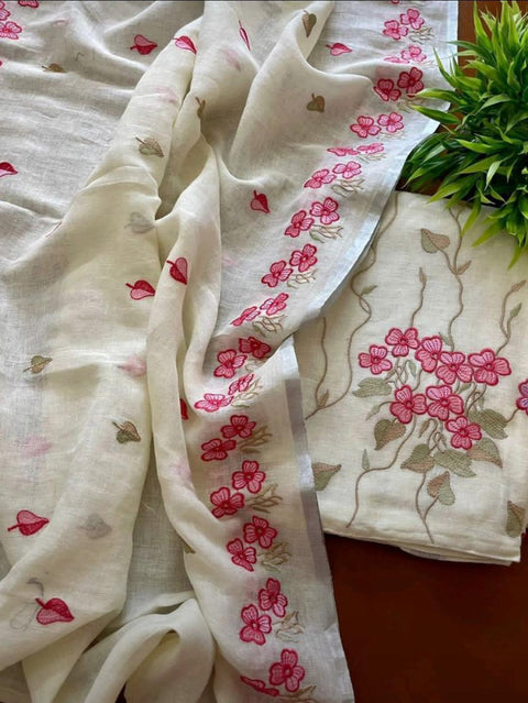Cotton Linen Embroidered Dress Material - Off White Color - Trend In Need