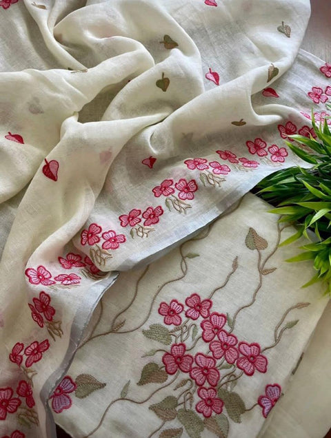 Cotton Linen Embroidered Dress Material - Off White Color - Trend In Need