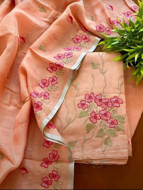 Cotton Linen Embroidered Dress Material - Peach Color - Trend In Need