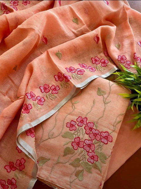 Cotton Linen Embroidered Dress Material - Peach Color - Trend In Need