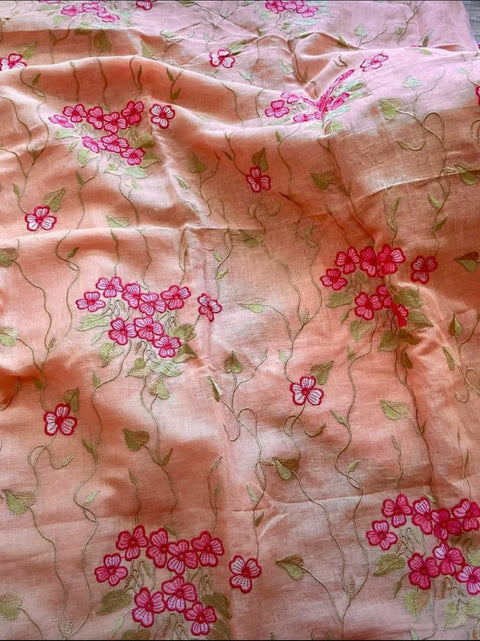Cotton Linen Embroidered Dress Material - Peach Color - Trend In Need