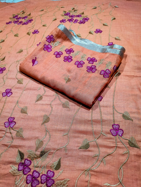 Cotton Linen Embroidered Dress Material - Peach - Trend In Need