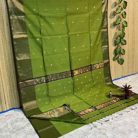 Cotton Silk Butta Maheshwari Saree - Green Color - Trend In Need