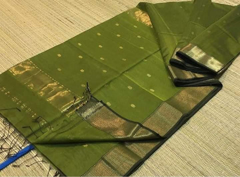 Cotton Silk Butta Maheshwari Saree - Green Color - Trend In Need