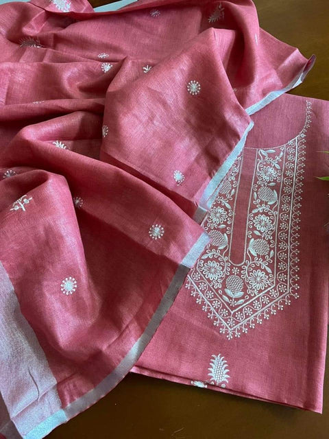 Cotton Silk Dress Material Pink Color With Cotton Linen Dupatta - Trend In Need