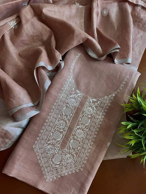 Cotton Silk Dress Material With Cotton Linen Dupatta Brown Color - Trend In Need