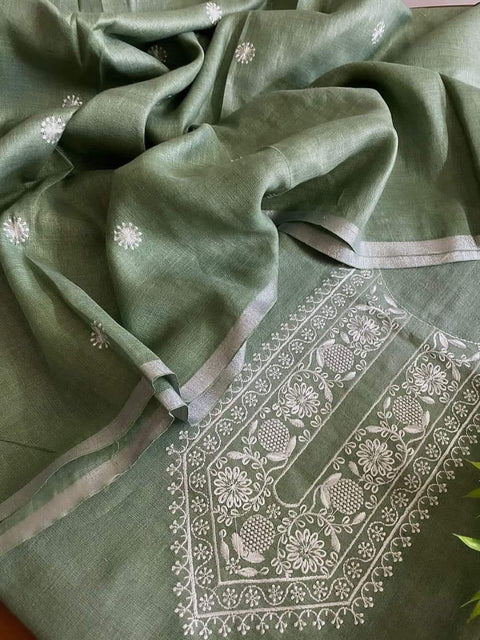 Cotton Silk Dress Material With Cotton Linen Dupatta Green Color - Trend In Need