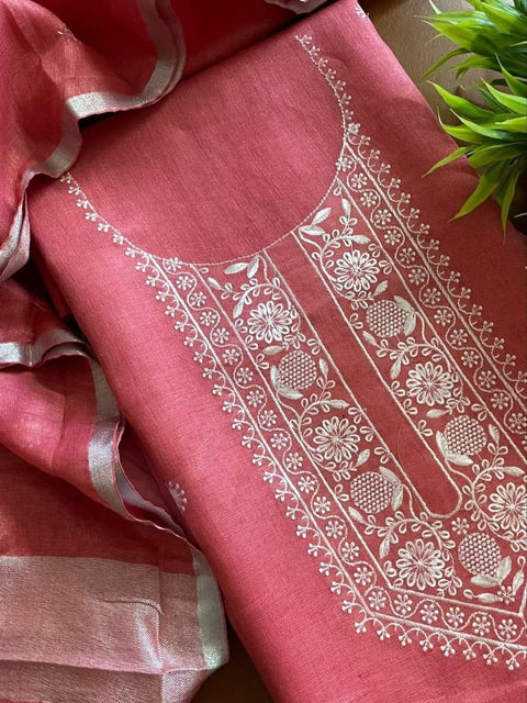 Cotton Silk Dress Material With Cotton Linen Dupatta Pink Color - Trend In Need