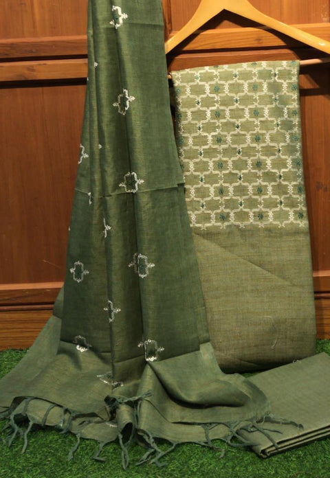 Cotton Silk Embroidered Suit Green Olive Color - Trend In Need