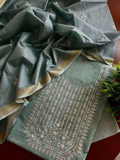 Cotton Slub Embroidered Suit- Green - Trend In Need