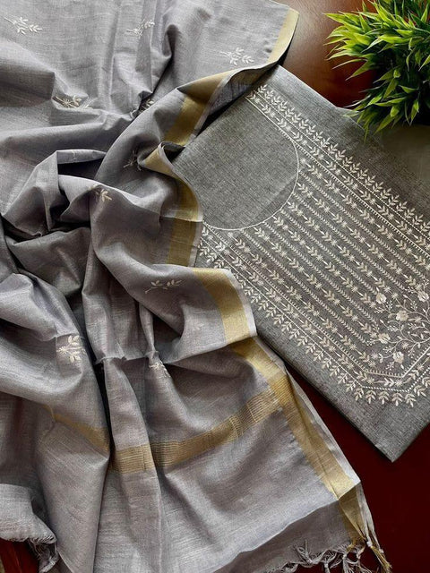 Cotton Slub Embroidered Suit- Grey - Trend In Need