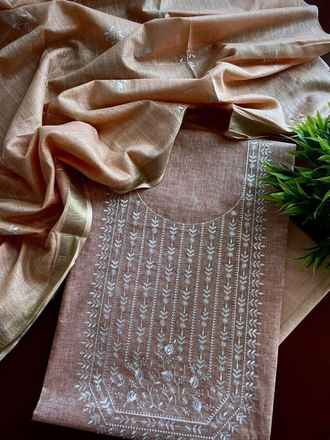 Cotton Slub Embroidered Suit- Pink - Trend In Need
