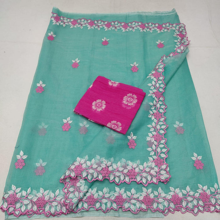 Embroidered Kota Cotton Saree - Blue