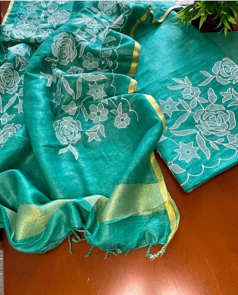 Green - Cotton Slub Salwar Suit With Resham Embroidery - Trend In Need