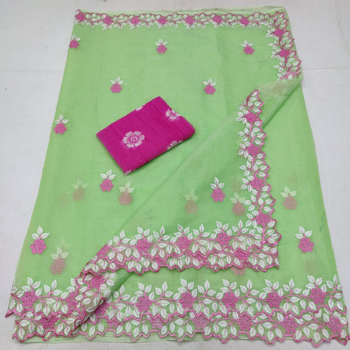Embroidered Kota Cotton Saree - Green Color