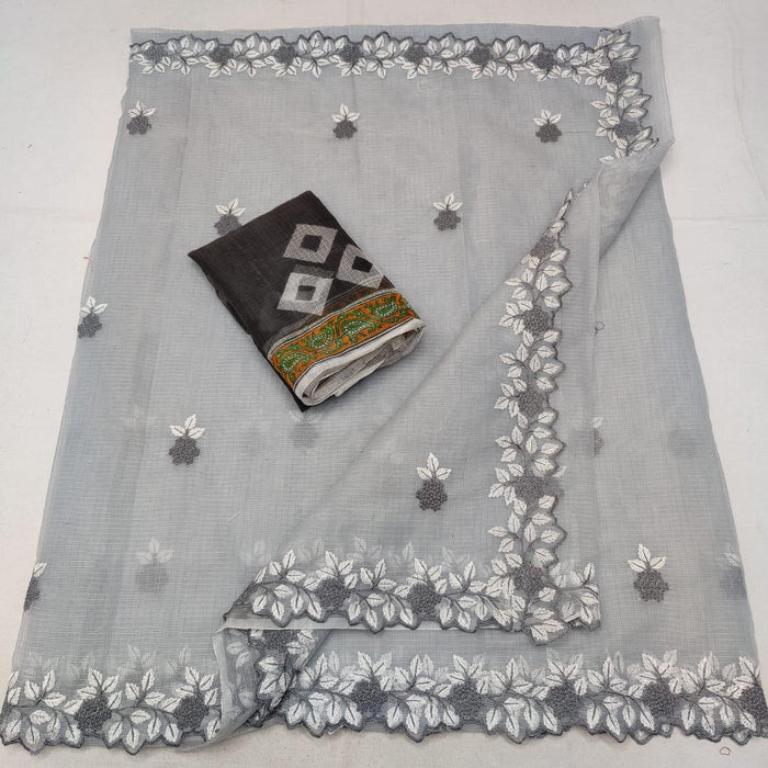 Embroidered Kota Cotton Saree - Grey Color