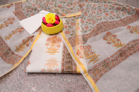 Hand Block Printed Kota Doria Suit - Orange - Trend In Need