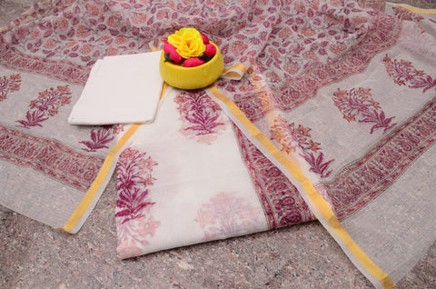 Hand Block Printed Kota Doria Suit - Rani Pink - Trend In Need