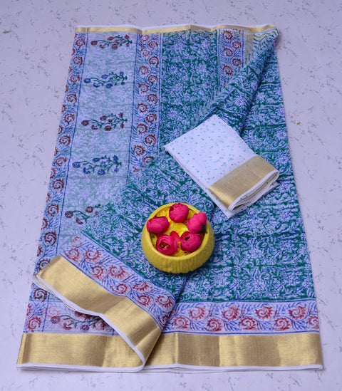 Hand Block Pure Cotton Kota Doria Saree - Blue Color - Trend In Need