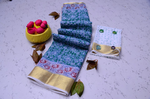 Hand Block Pure Cotton Kota Doria Saree - Blue Color - Trend In Need