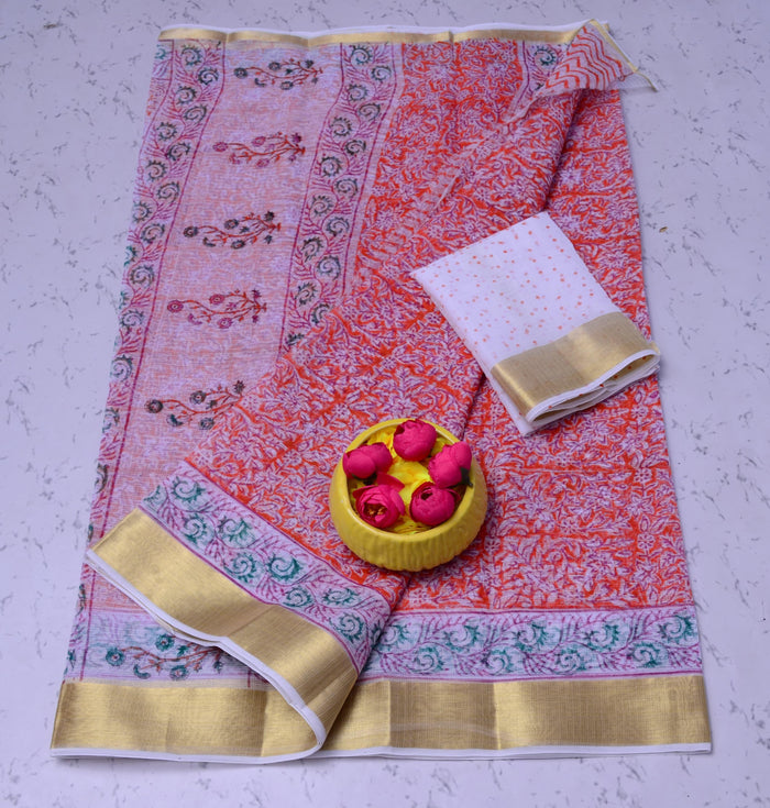 Pure Cotton Kota Block Printed Saree - Orange Color