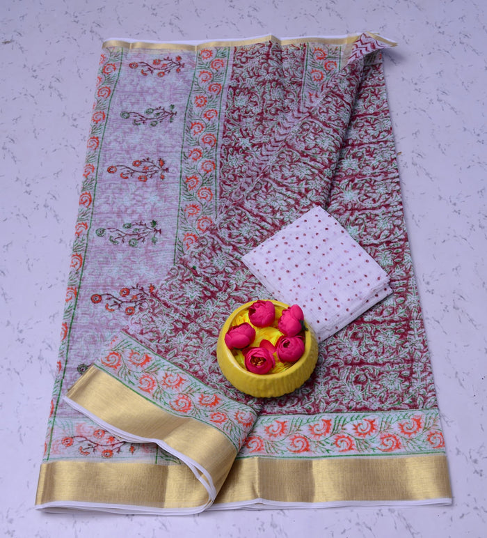 Pure Cotton Kota Block Printed Saree - Maroon Color