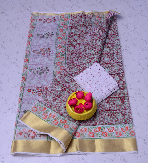 Hand Block Pure Cotton Kota Doria Saree - Red Color - Trend In Need