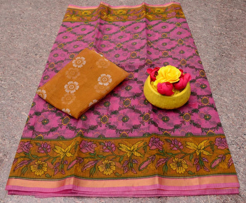 Kalamkari Printed Kota Doria Saree - Pink Color - Trend In Need