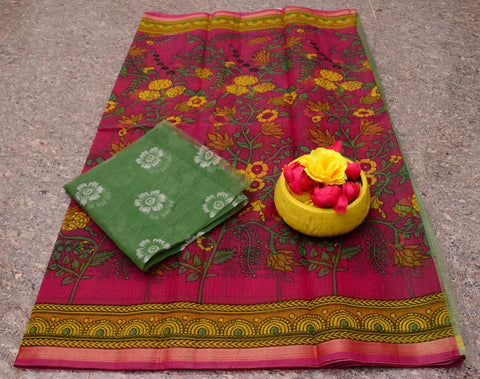 Kalamkari Printed Kota Doria Saree - Rani Pink - Trend In Need