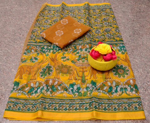 Kalamkari Printed Kota Doria Saree - Yellow Color - Trend In Need