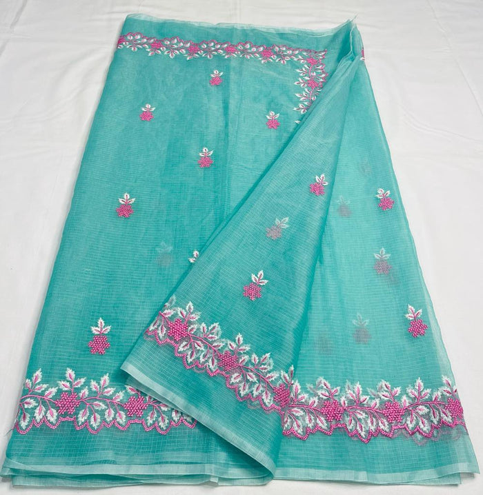 Kota Cotton Sarees With Embroidery Work Blue Color