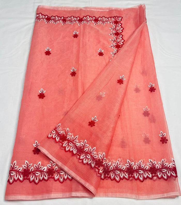 Kota Cotton Sarees With Embroidery Work Peach Color